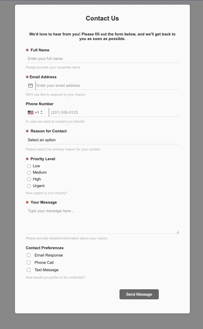 Preview of Contact Us Form