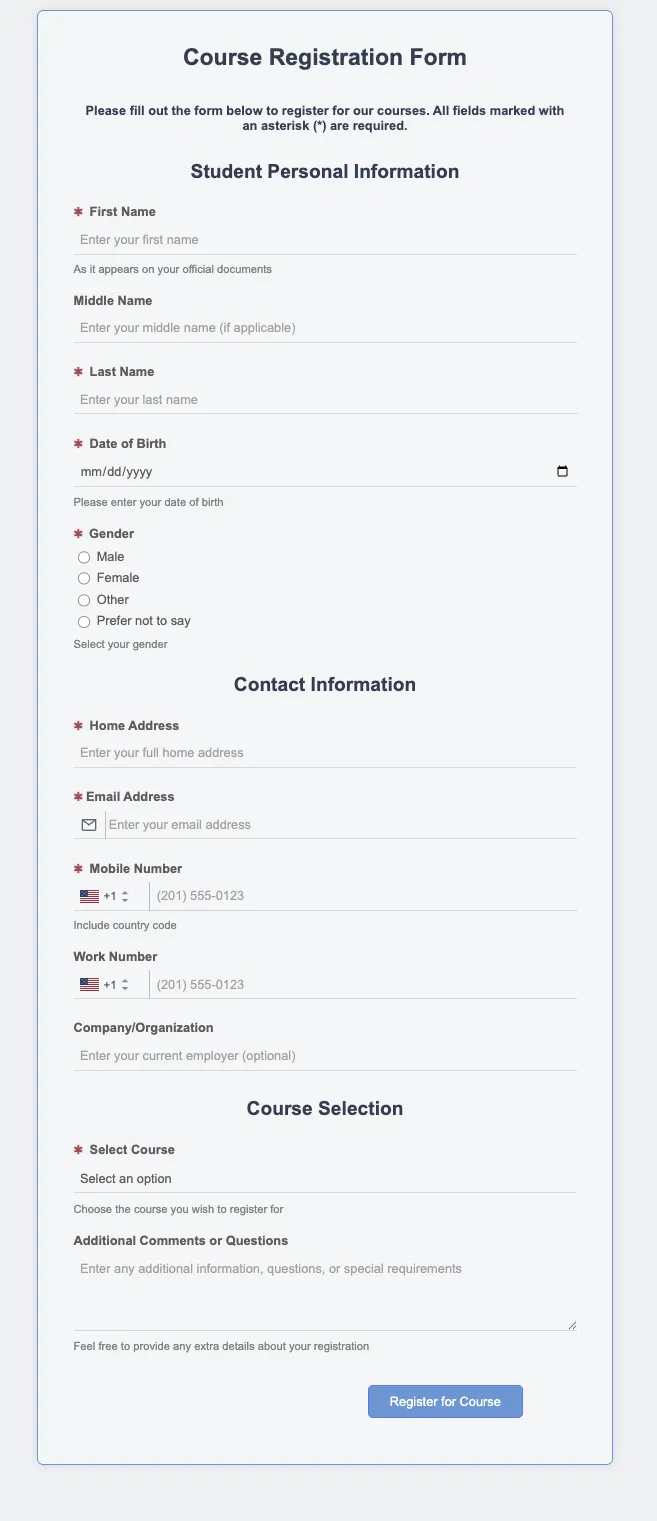 Preview of Course Registration Form