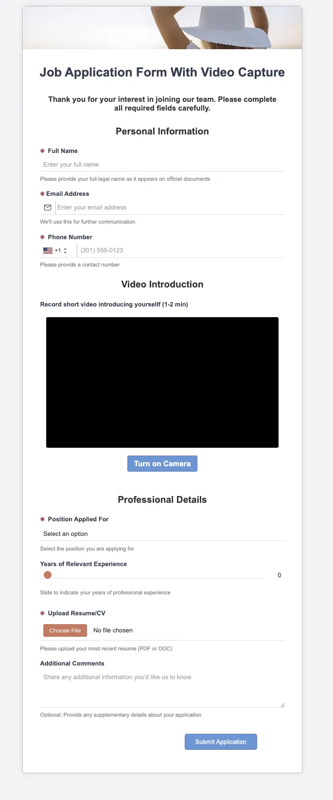 Preview of Job Application Form With Video Capture