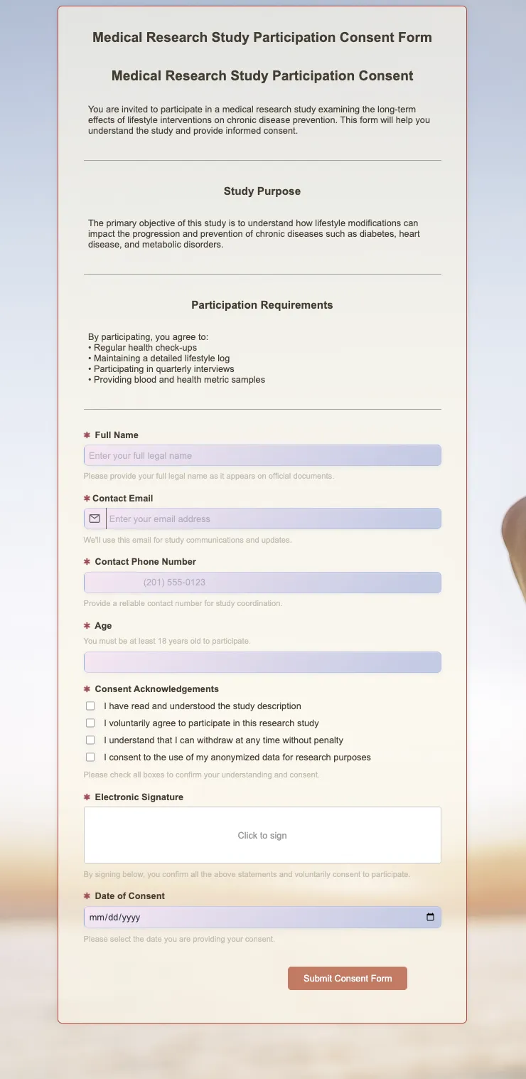 Preview of Medical Research Study Participation Consent Form