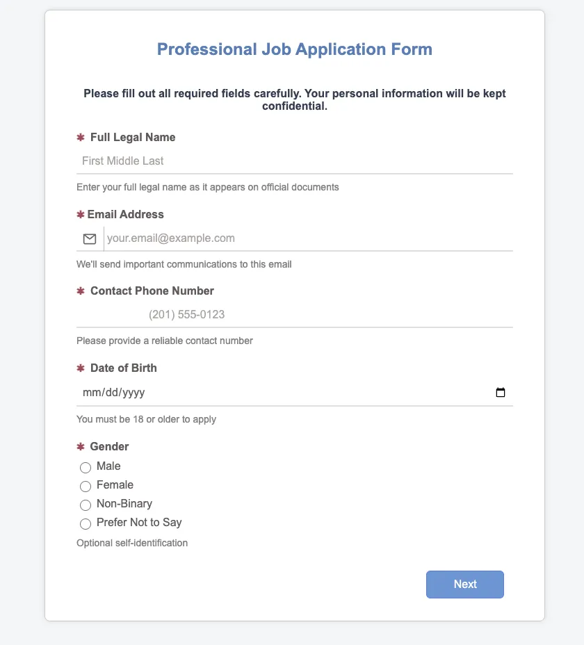 Preview of Multipage Job Application Form