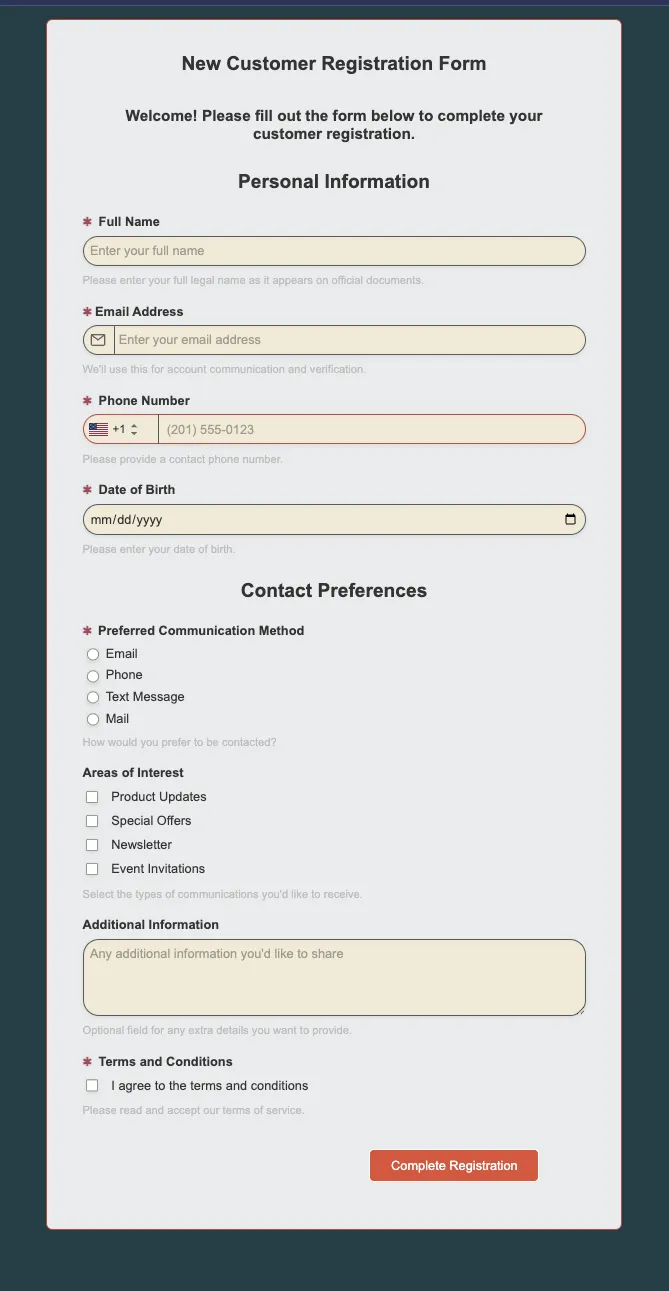 Preview of New Customer Registration Form