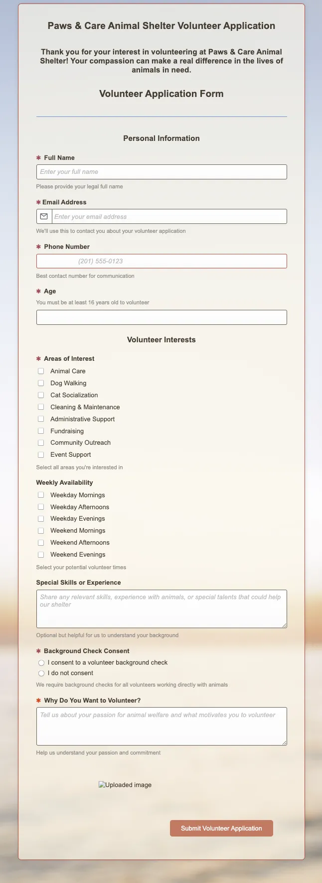 Preview of Paws & Care Animal Shelter Volunteer Application