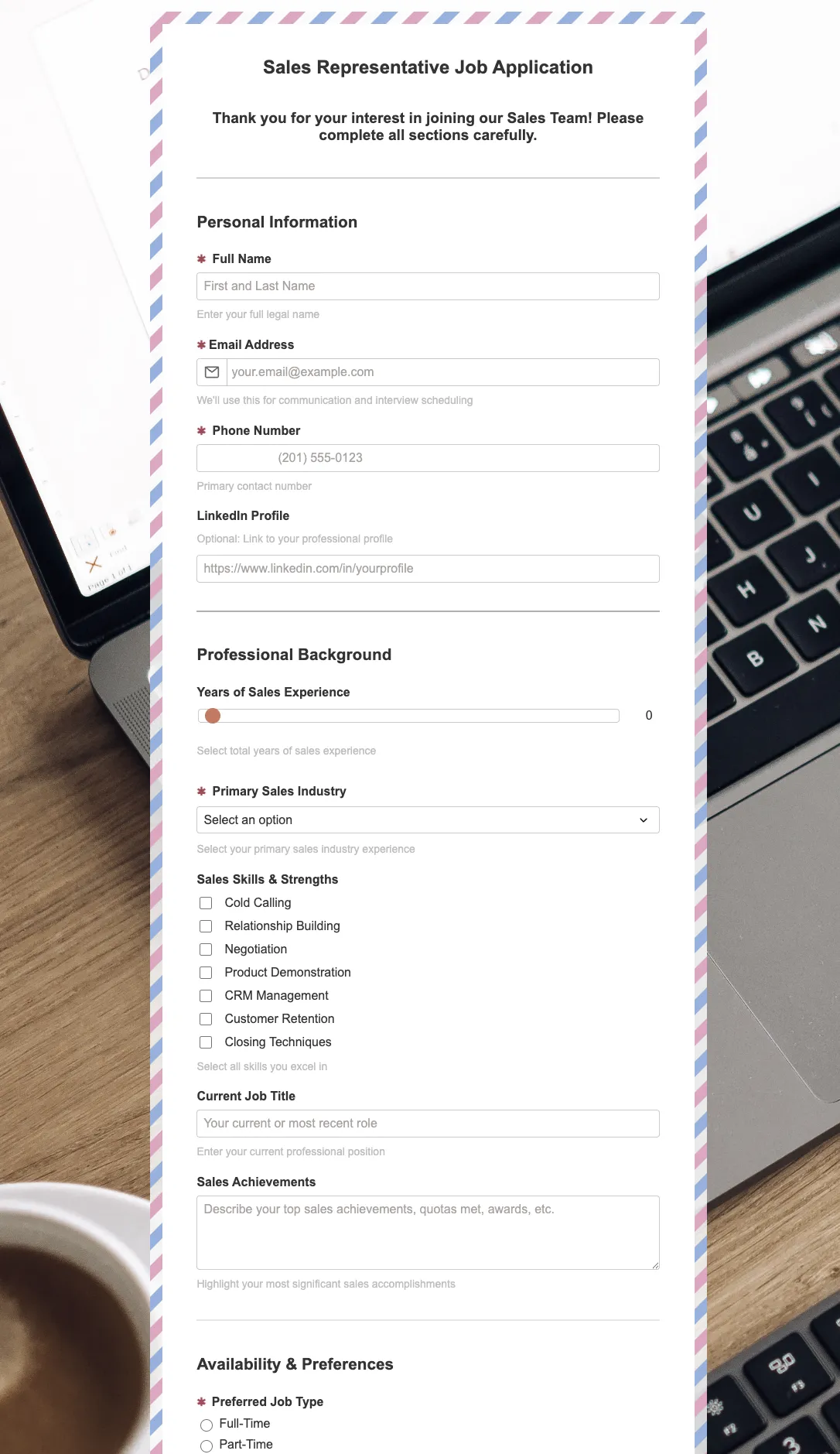 Preview of Sales Representative Job Application