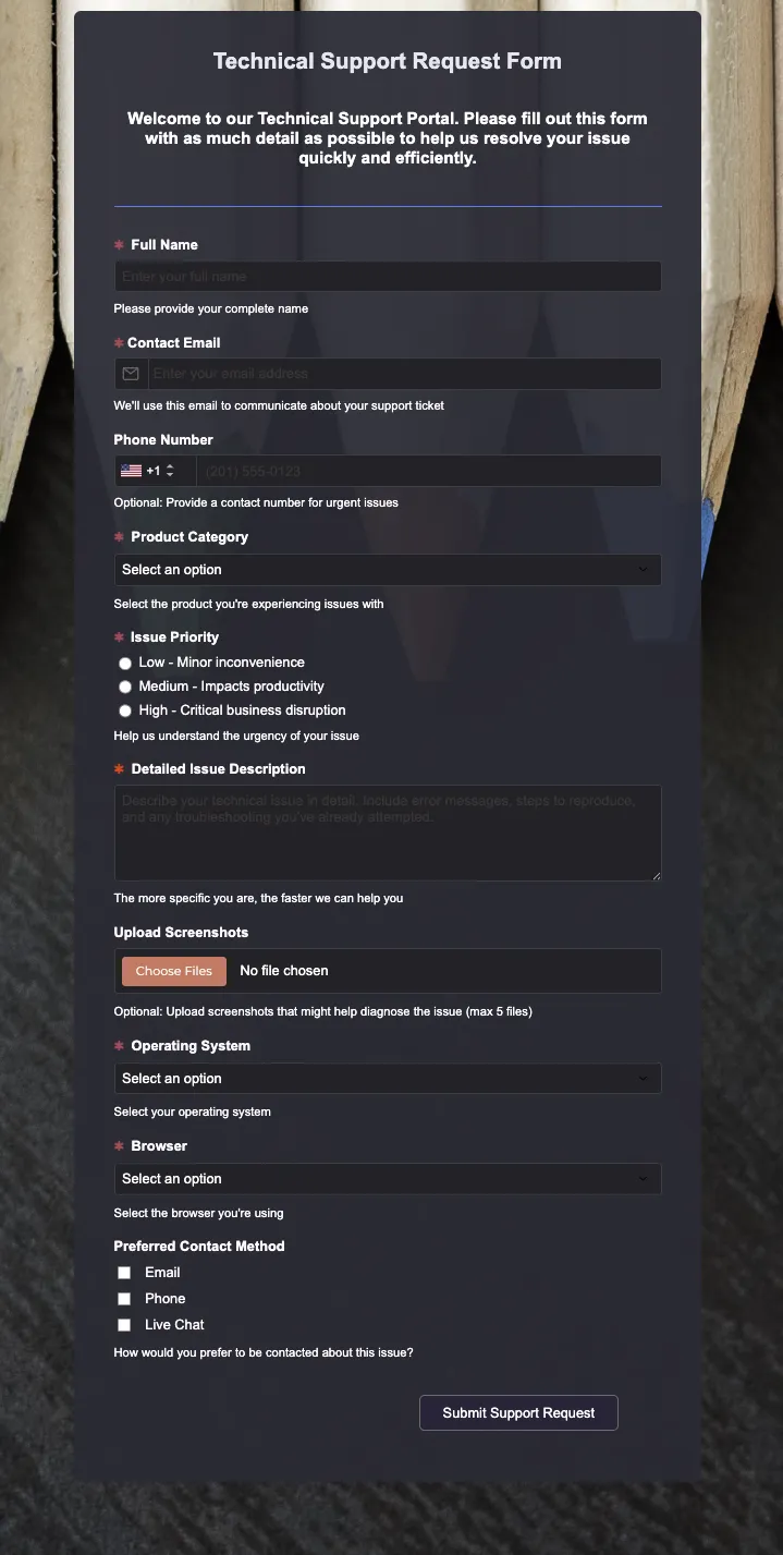 Preview of Technical Support Request Form
