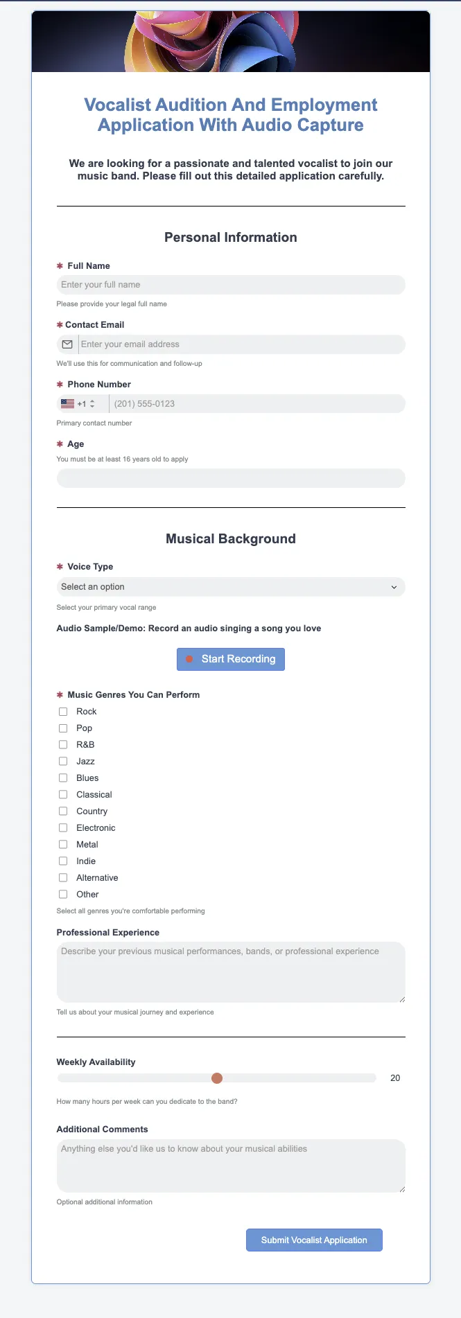 Preview of Vocalist Audition And Employment Application With Audio Capture